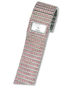 Quartz analogue movement. Base metal with Palladium plated 29mm bracelet.Pink stones.Rectangular