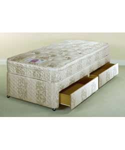 Platform top divan with castors. Headboard can be placed at either end of bed. Sprung open coil no