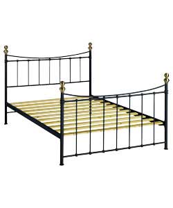 Headboard and footboard in a black powder coated finish.Brass effect finials.Includes solid metal