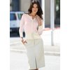 Three-quarter sleeve cardigan with tie detail. Contrast colour rib hem, cuffs and placket. Washable.