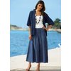 Long line chunky knit cardigan with shawl collar. Three-quarter sleeves. Washable. 70 Acrylic, 30 Co