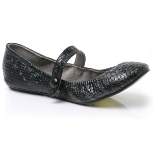 Almond toe patent pump with all over snake skin effect. The Amilan pump features an elastic top line