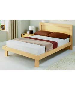 Oak finish double bedstead with solid slats. Size (W)152, (L)198, (H)91cm. Includes pillow top mattr