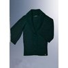 With generous, draped collar. Yarn covered buttons down the front. Three-quarter length loose sleeve