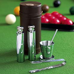 Leather case with two flasks, a retractable cup, tongs and a stirrer to mix those cocktails