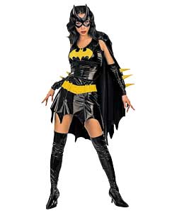 Dress with attached cape, gloves, vinyl mask, vinyl belt and boot tops.100 polyester.Sponge clean on
