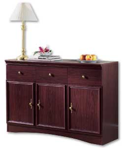 Mahogany effect. Antique effect handles. 3 doors. 2 adjustable internal shelves. 3 drawers. Size