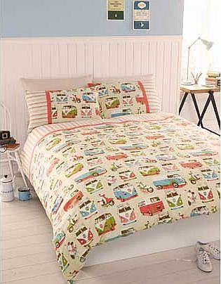 This fun printed design features retro camper vans and scooters. In bright colours with stylish stripe and natural ground. this design will suit any bedroom. For the hippies and the music groupies to the young at heart. bring a touch of nostalgia to 