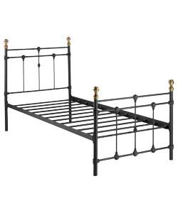 Matt black colour bedstead with antique bronze finials.Metal frame.Overall size (H)113.5, (W)96,