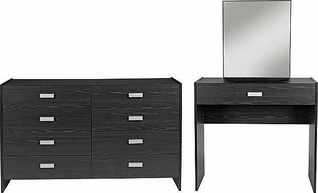 Part of the modern and functional Capella collection. this furniture package includes an eight drawer chest and dressing table. Adding a simple and stylish touch to your bedroom. this boasts a clean design with metal runners and silver coloured plast