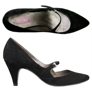 A modern Mary-Jane style court shoe from Jones Bootmaker. Features pointed toe, thin strap across th