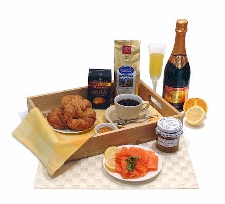 A fine Celebration Breakast presented on handled wooden tray  includes  Chamelle Bucks Fizz - 75cl;