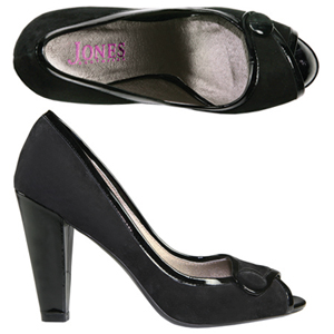 A stylish suede court shoe from Jones Bootmaker. Features peep-toe, fashionable Patent edging and a 