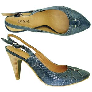 A stylish and Ultra modern sling-back from Jones Bootmaker. Features decorative faux snake skin pane