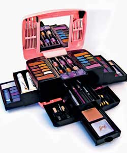 Set contains 34 eyeshadows, 6 blushers, pressed powder, puff, 10 lip glosses, 2 tubes of foundation,