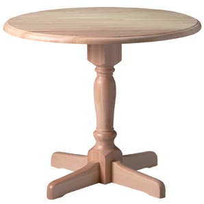 Simple, classic pedestal table in natural beech with drop leaf extension.