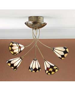 Handmade stained glass shade.Drop 34cm.Diameter 43cm.Requires 5 x G9 40 watt halogen bulbs