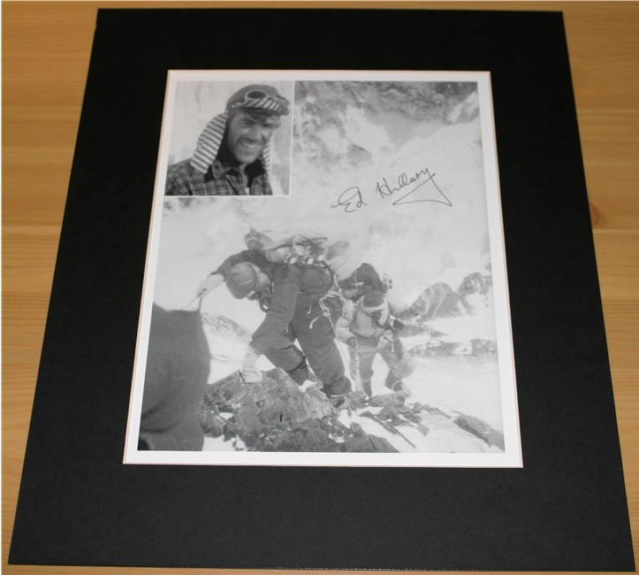 EDMUND HILLARY SIGNED and MOUNTED PHOTO - 14 x 12