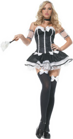 The Adult 5 Piece Charming Chambermaid Costume includes a dress, clear straps, armbands, neckpiece a