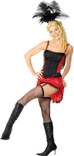 Costume includes skirt, top, suspender belt and head dress.