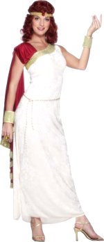 Includes dress, headpiece, cuffs and belt.