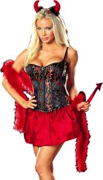 Costume includes dress with attached tail and petticoat; maribou boa and devil headband.