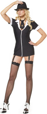 The Adult 2 Piece Gangsta Girl Zipper Dress with gold dollar sign necktie.