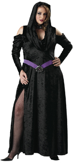 Includes full length cowl hooded gown with sash, bat medallion and velvet choker.