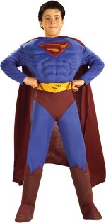 Includes muscle chest jumpsuit, cape, belt and boot tops.