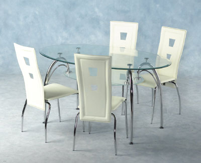 A magnificent oval table 5x3 with curved chrome legs and frosted glass shelf complimented by four co