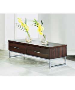 Dark walnut finish coffee table with metal legs.4 drawers.Size (L)100, (W)48, (H)35cm.Weight is in