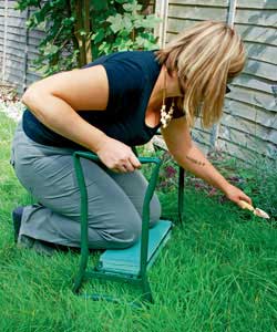 Steel frame and foam padding. Sturdy tubular steel construction. Double sided padded kneeler or seat