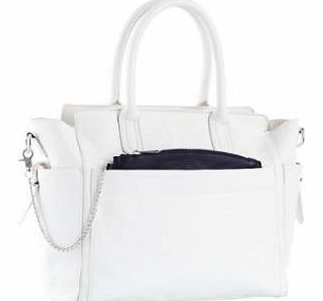 Synthetic patent material. Detachable strap. 33H x 49L x 14W cm.