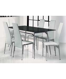 Chrome metal frame with a black tempered glass table top fixed with aluminium discs.Javelin dining c