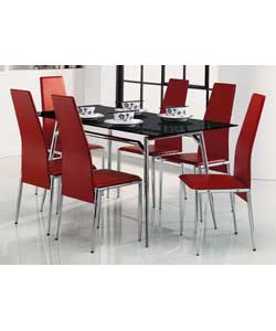 Dining table with a chrome metal frame and a black tempered glass top fixed with aluminium discs.Jav