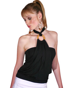 Stop traffic in this unusual halterneck. Soft jersey fabric is draped over a boob-tube underlayer