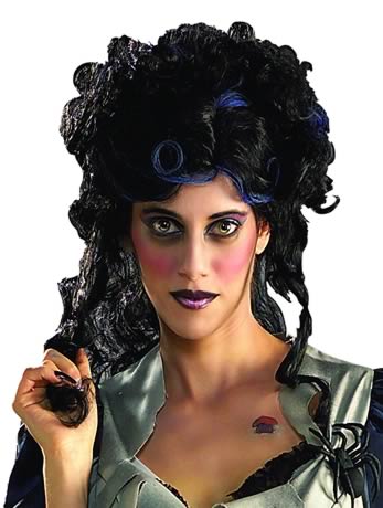 This curly black mid-length wig has no fringe and purple highlights. IF YOU WOULD LIKE TO SEE HOW TO