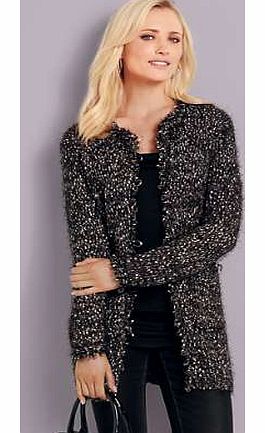 Longline coatigan in a mixed coloured yarn complete with a fringe effect and two front pockets. Coatigan Features: Washable 70% Polyester, 25% Acrylic, 5% Modal� Modal� is a registered trademark.