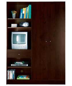 Size (H)180.8, (W)128.6, (D)49.6cm. Wenge finish multimedia wardrobe.Silver finish plastic handles.1