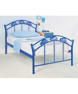 Metal frame with car detail in royal blue on headboard/footboard.Pine slatted base.Comfort