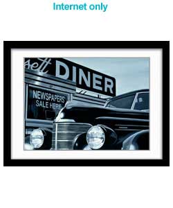 A distinct monochrome painting of Americana chic, a classic car with the backdrop of an American din