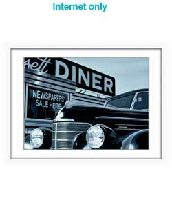 A distinct monochrome painting of Americana chic, a classic car with the backdrop of an American din