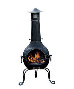 Pewter colour.Cast iron log grate, ash drawer and wrought iron legs.Size 135 x 48.5 x 48.5cm.Packed 
