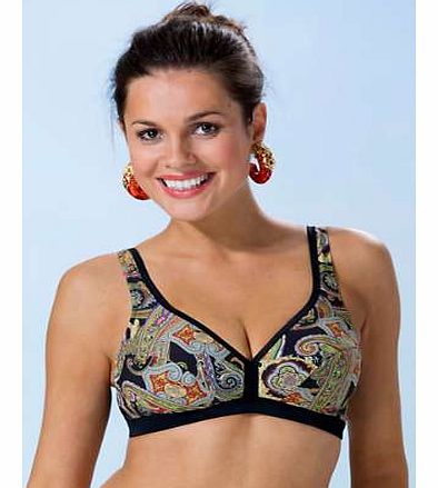 Modern, soft cup, bikini-bra with lined cups in a popular paisley pattern with striking black edges. Features a comfortable wide band at the bottom. Miss Mary of Sweden Bikini Top Features: Adjustable shoulder straps Back construction in black, elast