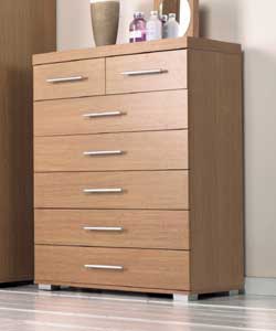 Oak effect with straight edging and silver effect H shape plastic handles.Metal drawer