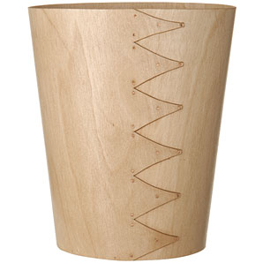 A meeting of utility and great design: Oval shaped birch wood wastepaper bin with a copper riveted