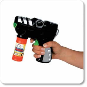 Bubbles pour from the space-styled gun for as long as you pull the trigger. The pot of bubble