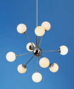 Satin silver finish 10 light fitting.Drop 100cm max.Diameter 40cm.Requires 10 x 10 watt G4 halogen