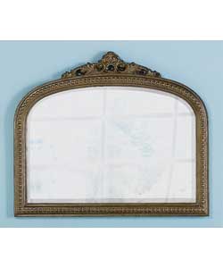 Hand finished over mantle mirror in contemporary pewter.Bevelled glass and ornamental decoration.Siz