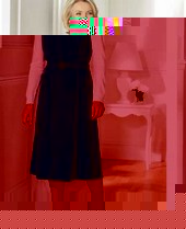 Princess-line style pinafore. zip front fastening. Two front pockets. Optional self belt. Machine wa
